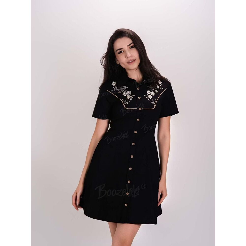 Boozelele Skeleton Crow Floral Double Pocket Black Embroidered Dress Size 2XL